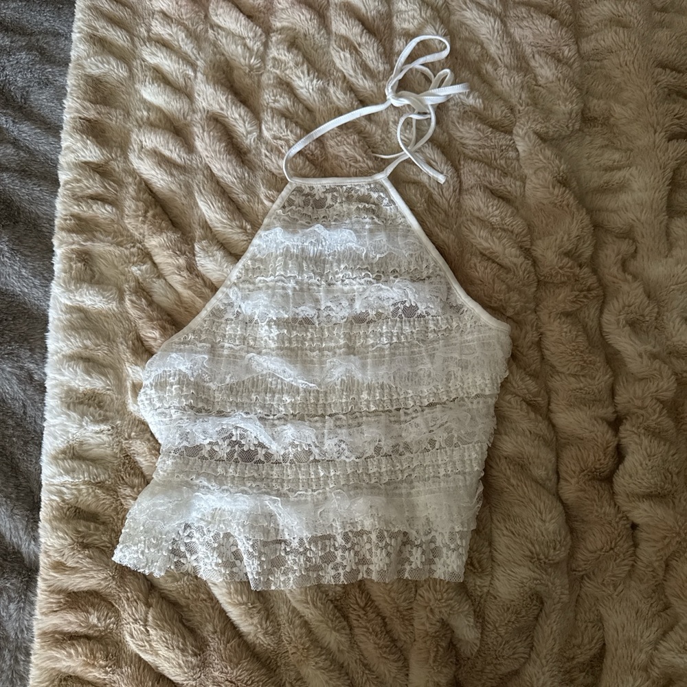 SHEIN White Lace Halter Ruffle Tank Top